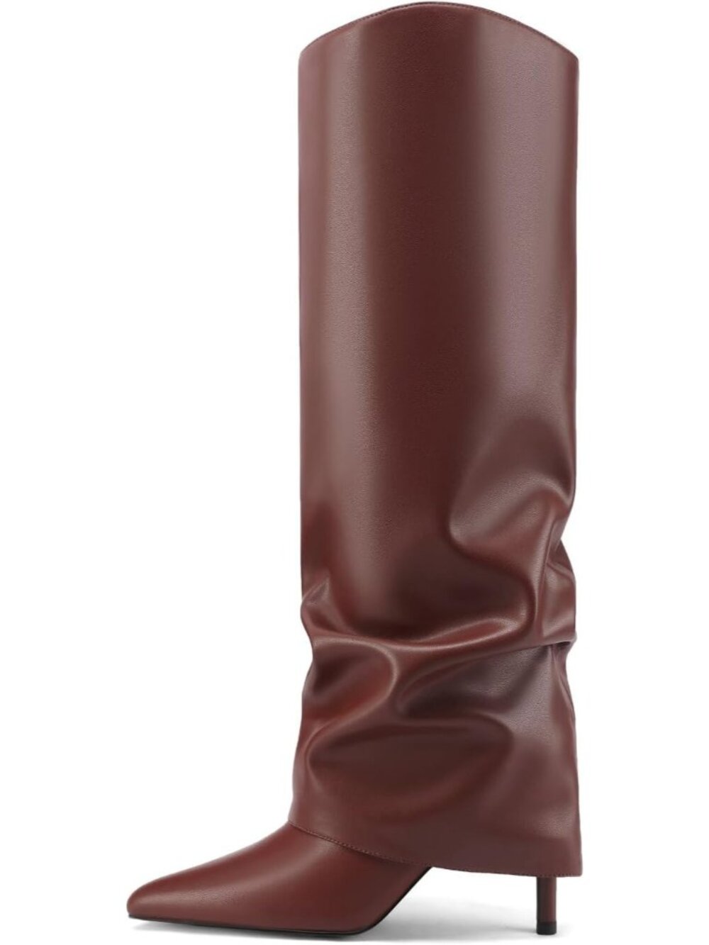 Women's Brown Fold Over Knee High Boots Pointed Toe Slouch Long Boots Stilettos